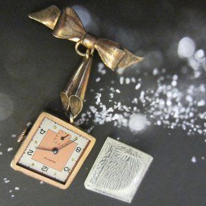 Perfecta Swiss Rose Gold Hand Wind Art Deco Bow Bar Brooch Watch